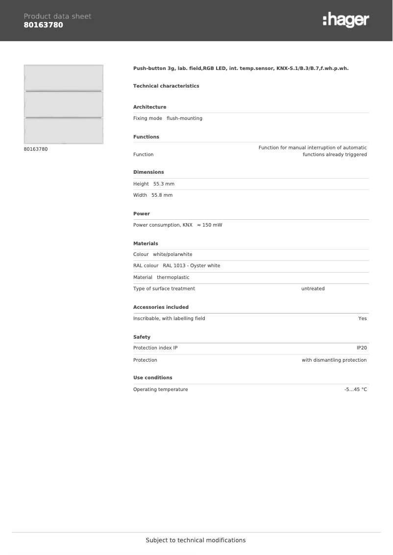 Page 1 de la notice Fiche technique Berker 80163780