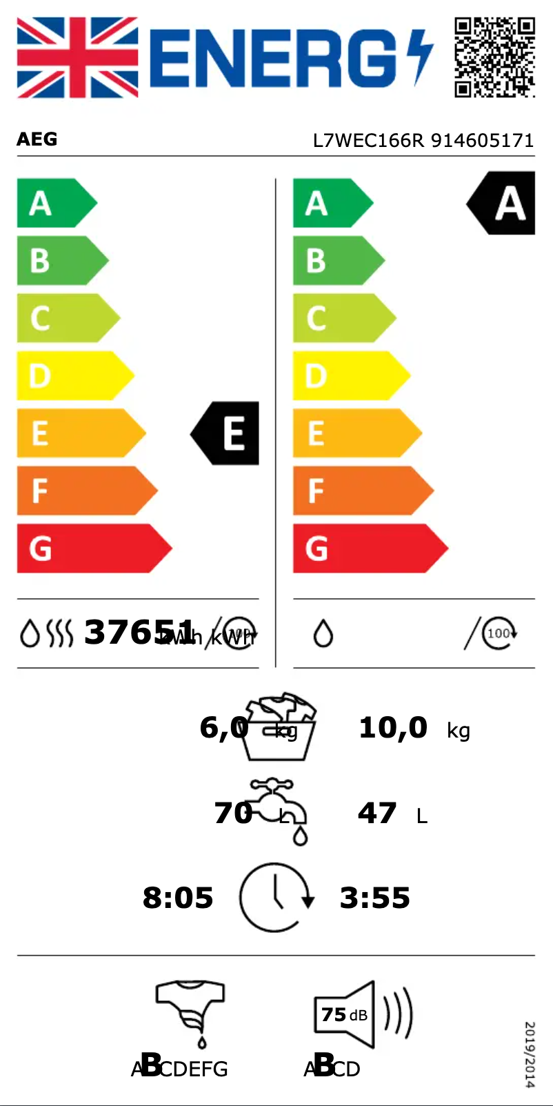 Page 1 de la notice Label énergétique AEG L7WEC166R