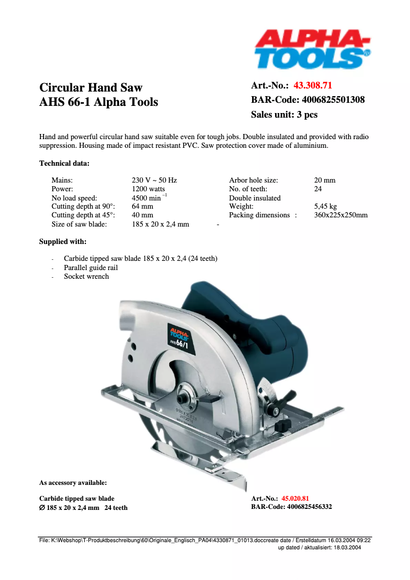 Page 1 of the manual Technical Sheet Alpha Tools AHS 66/1