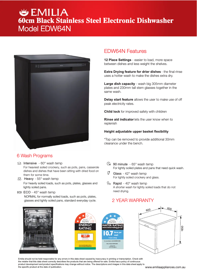 Page 1 de la notice Fiche technique Emilia EDW64SN