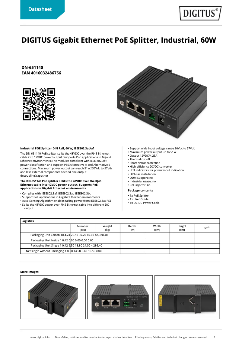 Page 1 de la notice Fiche technique Digitus DN-651140