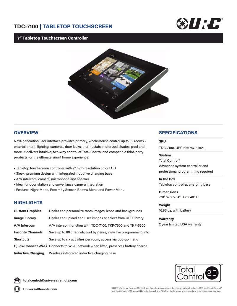 Page 1 de la notice Fiche technique Universal Remote Control TDC-7100
