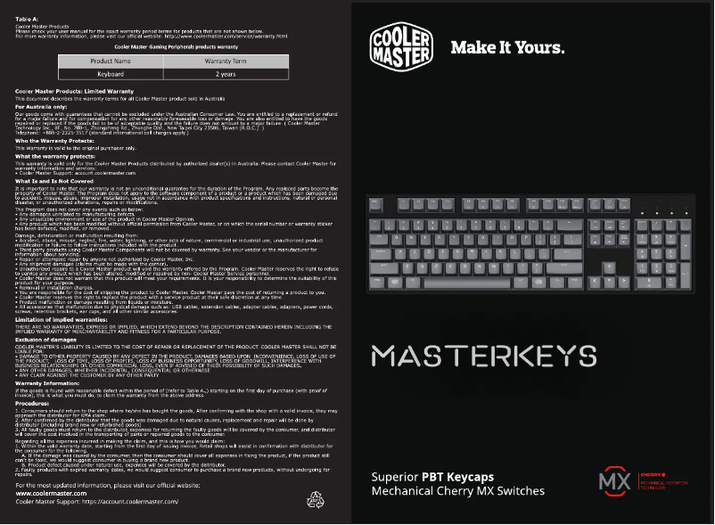 Page 1 de la notice Manuel utilisateur Cooler Master MasterKeys L