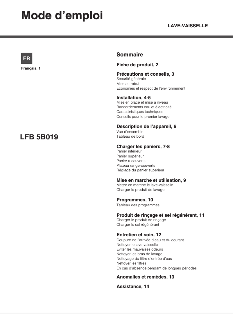 Page 1 de la notice Manuel utilisateur Hotpoint LFB 5B019 EN X