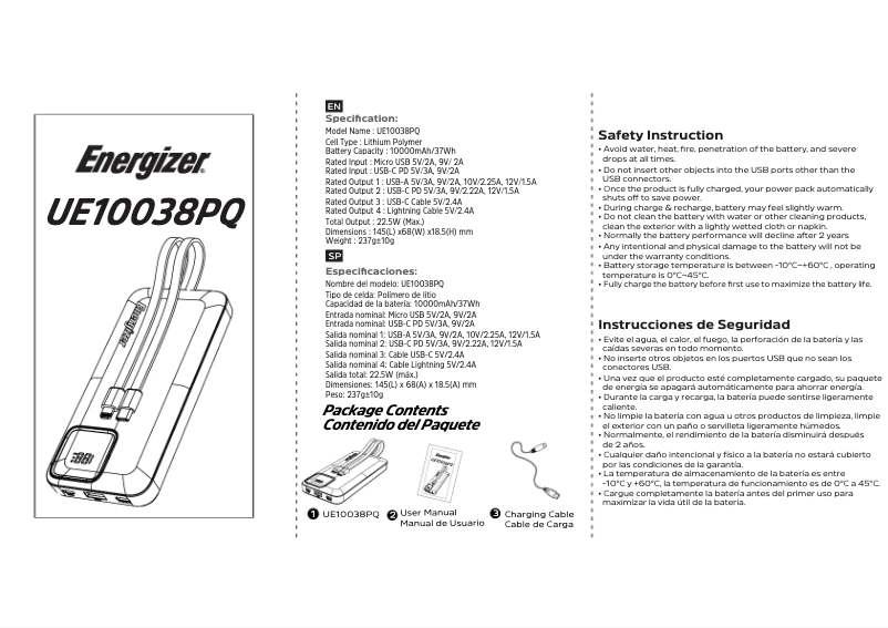 Page 1 de la notice Manuel utilisateur Energizer UE10038PQ
