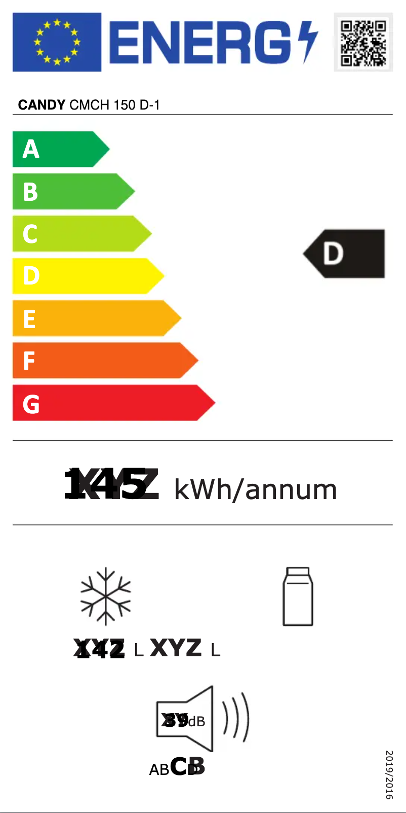Page 1 de la notice Label énergétique Candy CMCH 150 D-1