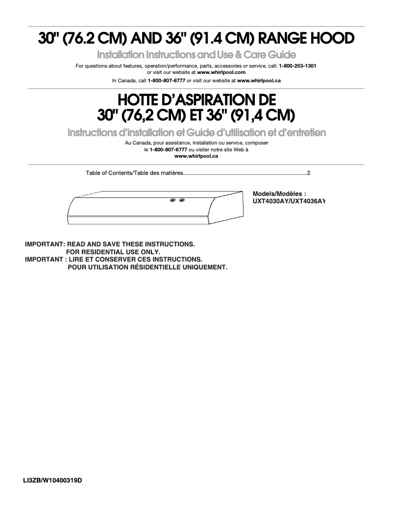 Page 1 de la notice Manuel d'utilisation et d'entretien KitchenAid UXT4036AYW