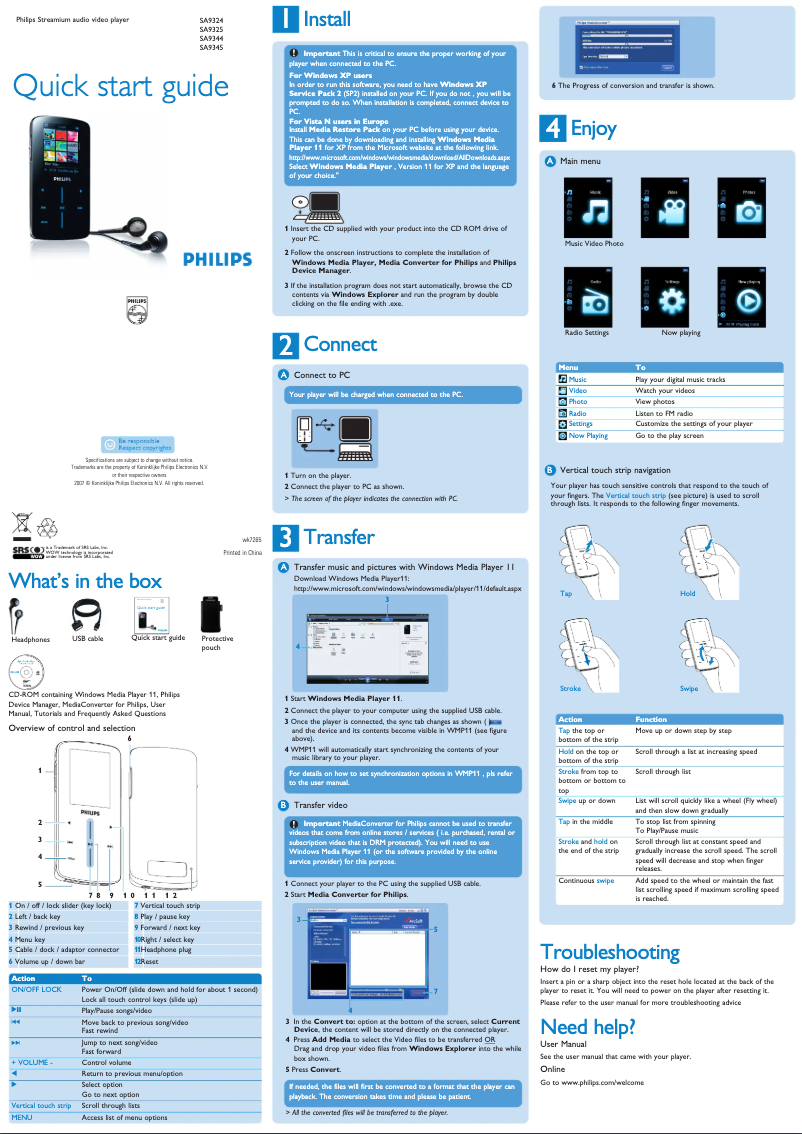 Page 1 of the manual Quick Start Guide Philips Streamium SA9344
