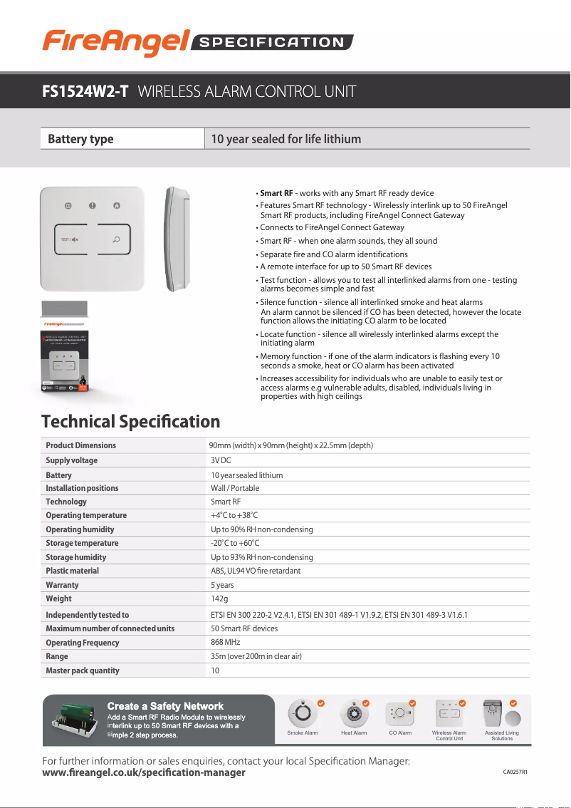 Page 1 de la notice Fiche technique FireAngel FS1524W2-T