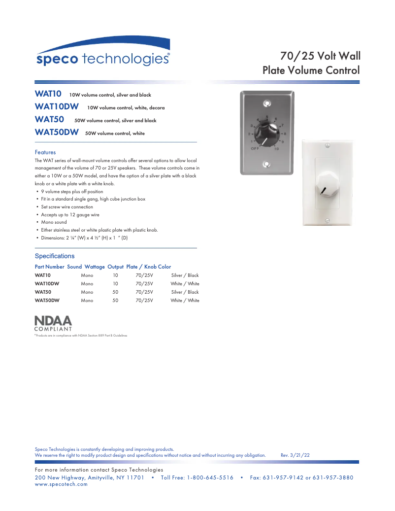 Page 1 de la notice Fiche technique Speco Technologies WAT50