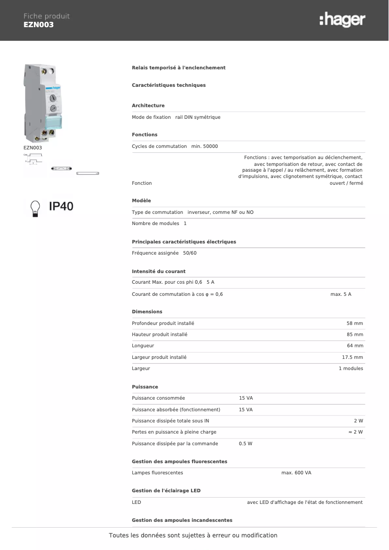 Page 1 de la notice Fiche technique Hager EZN003