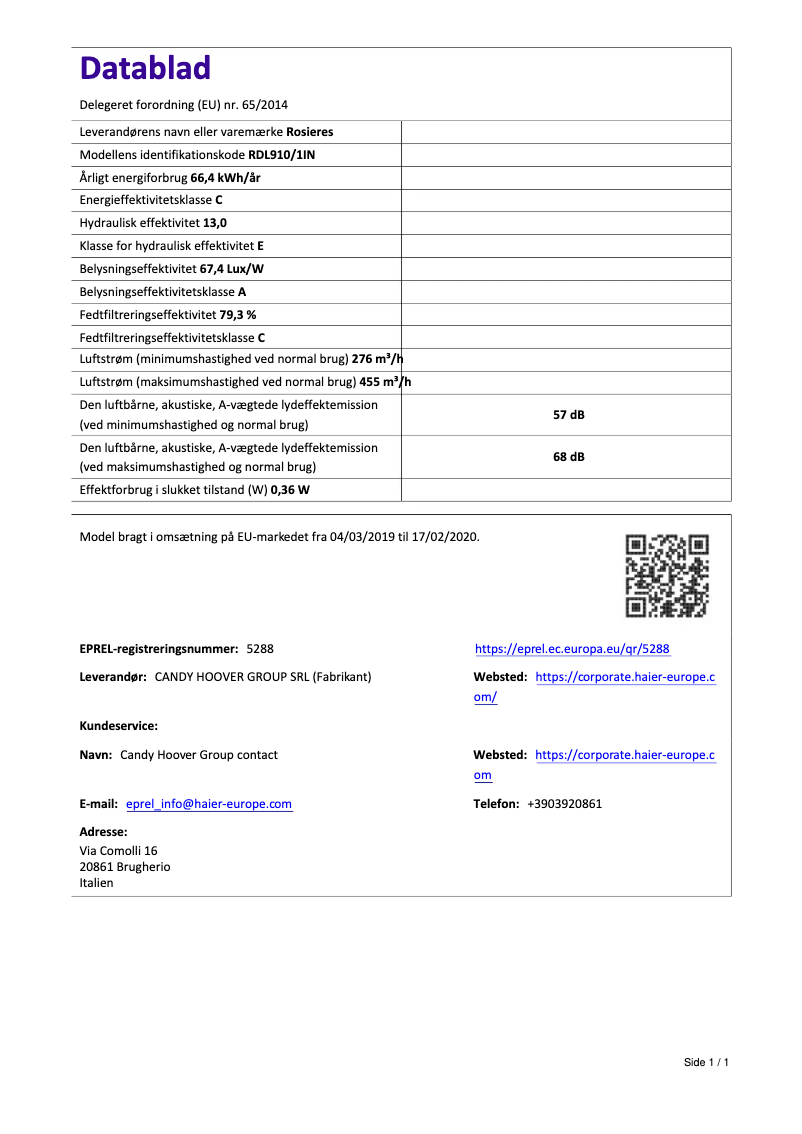 Page 1 de la notice Fiche technique Rosieres RDL910/1IN
