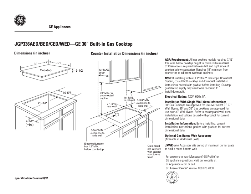 Page 1 of the manual Technical Sheet GE JGP336WEDWW