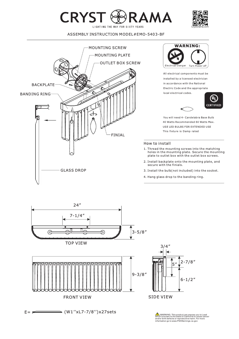 Page 1 de la notice Manuel utilisateur Crystorama Emory EMO-5403-BF