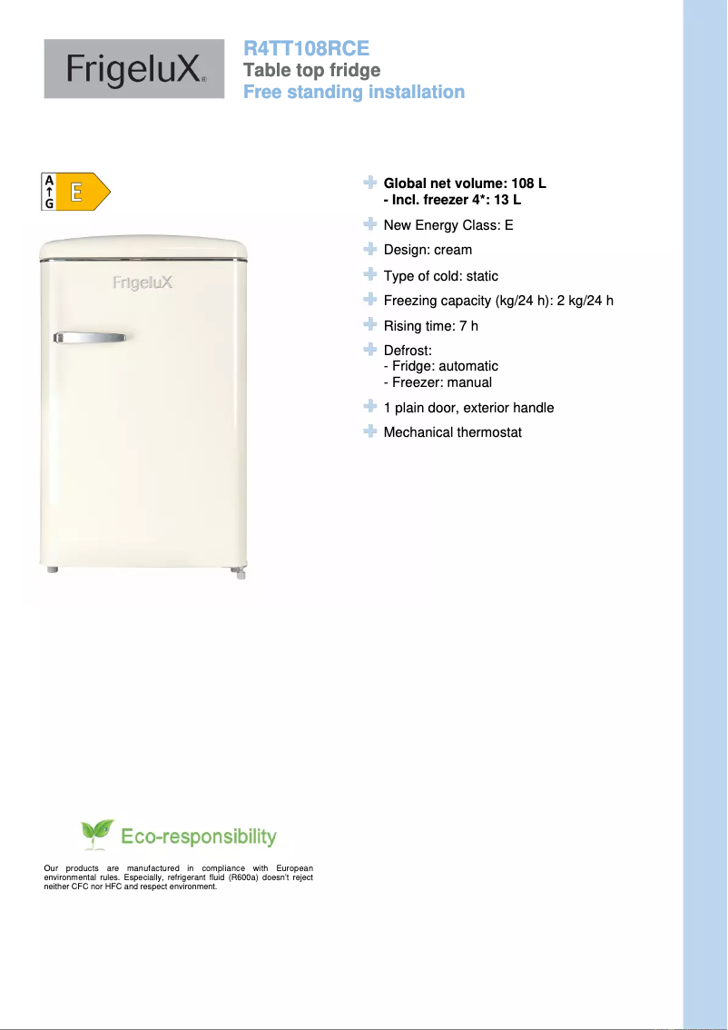 Página 1 del manual Ficha técnica FrigeluX R4TT108RCE