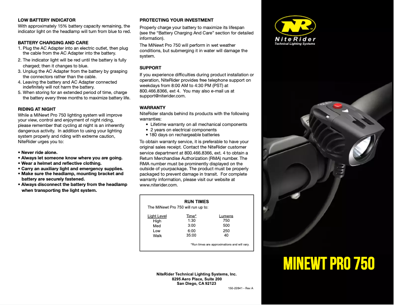 Page 1 de la notice Manuel utilisateur NiteRider MiNewt Pro 750