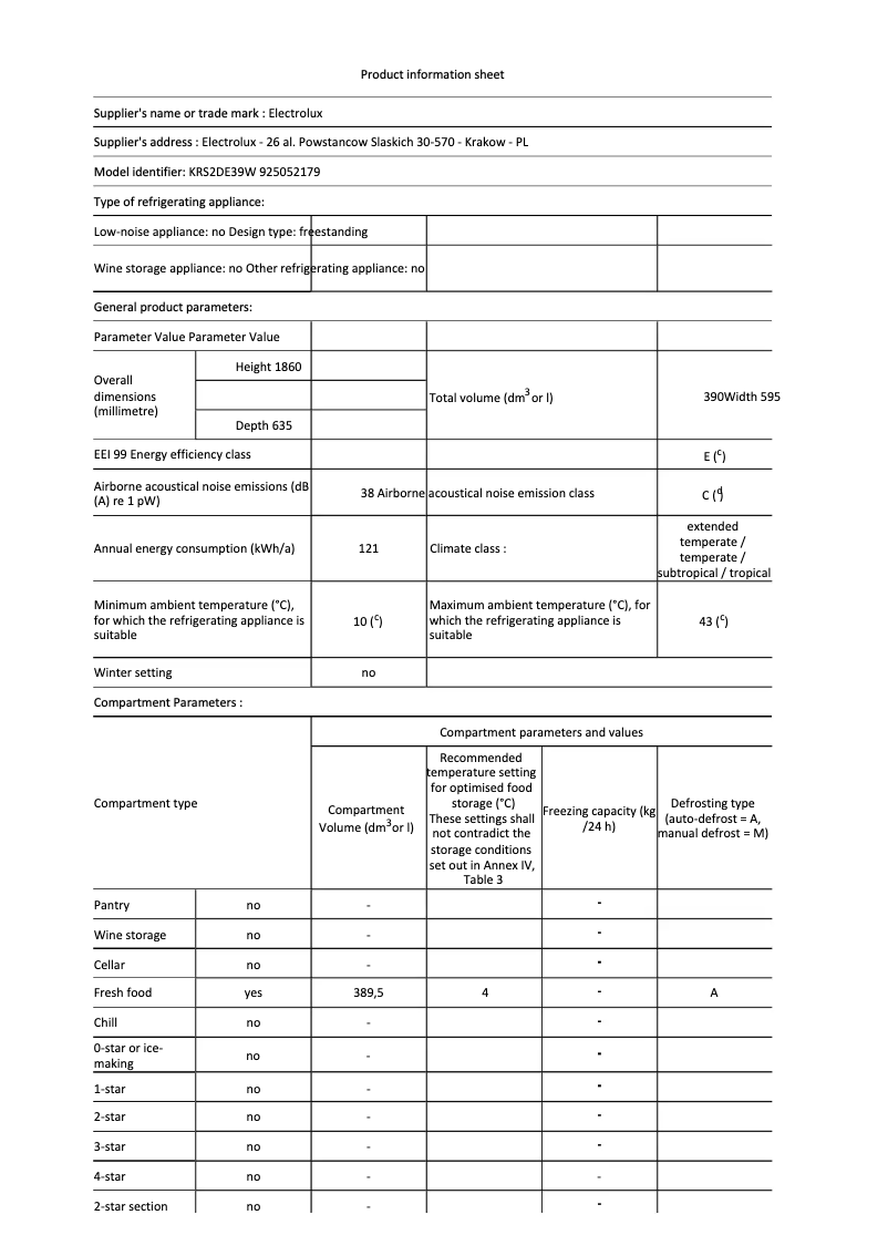 Página 1 del manual Ficha técnica Electrolux KRS2DE39W
