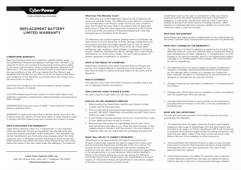 Page 1 de la notice Informations de garantie CyberPower RB1290X6A