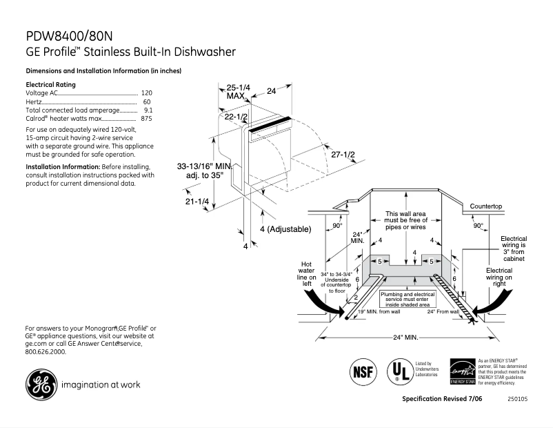 Page n°1 - Fiche technique GE Profile PDW8400NBB
