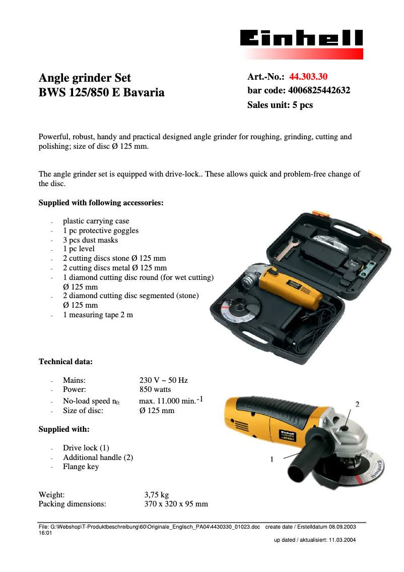 Page 1 of the manual Technical Sheet Bavaria by Einhell BWS 125/850-2