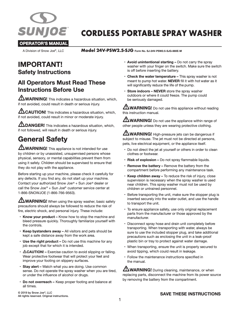 Page 1 of the manual User Manual Sun Joe 24V-PSW2.5-SJG