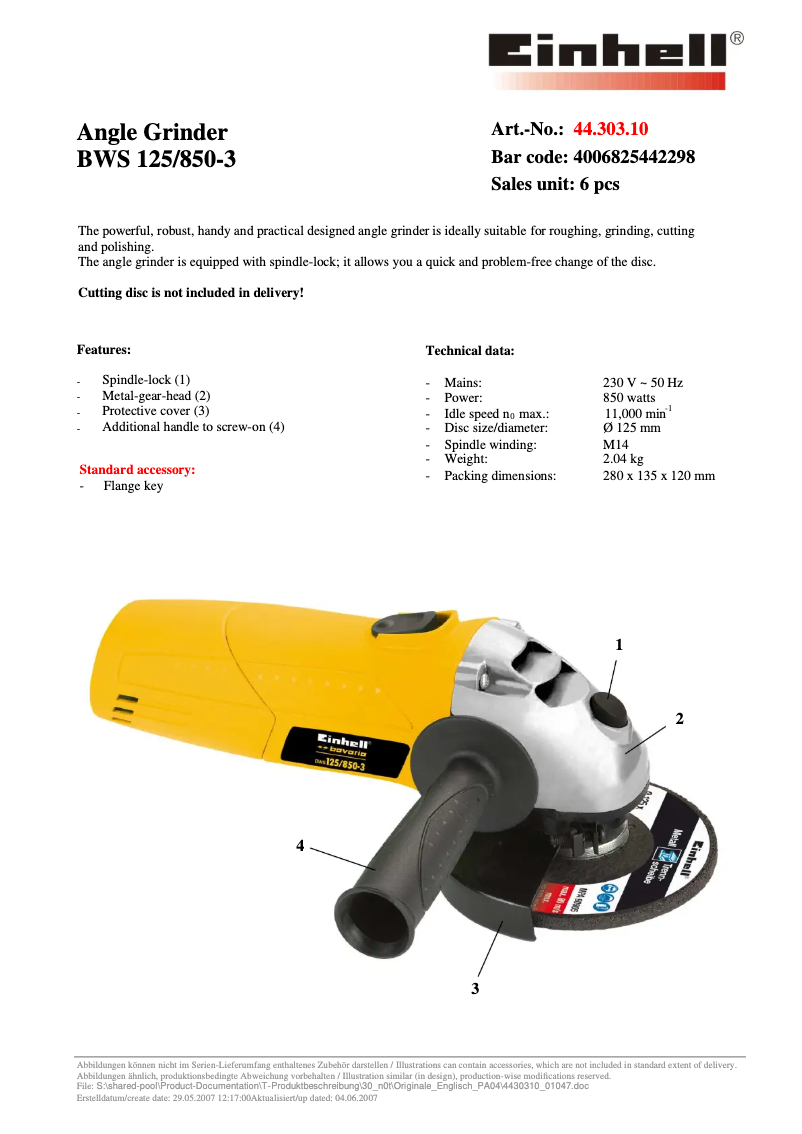 Page 1 de la notice Fiche technique Bavaria by Einhell BWS 125/850-3