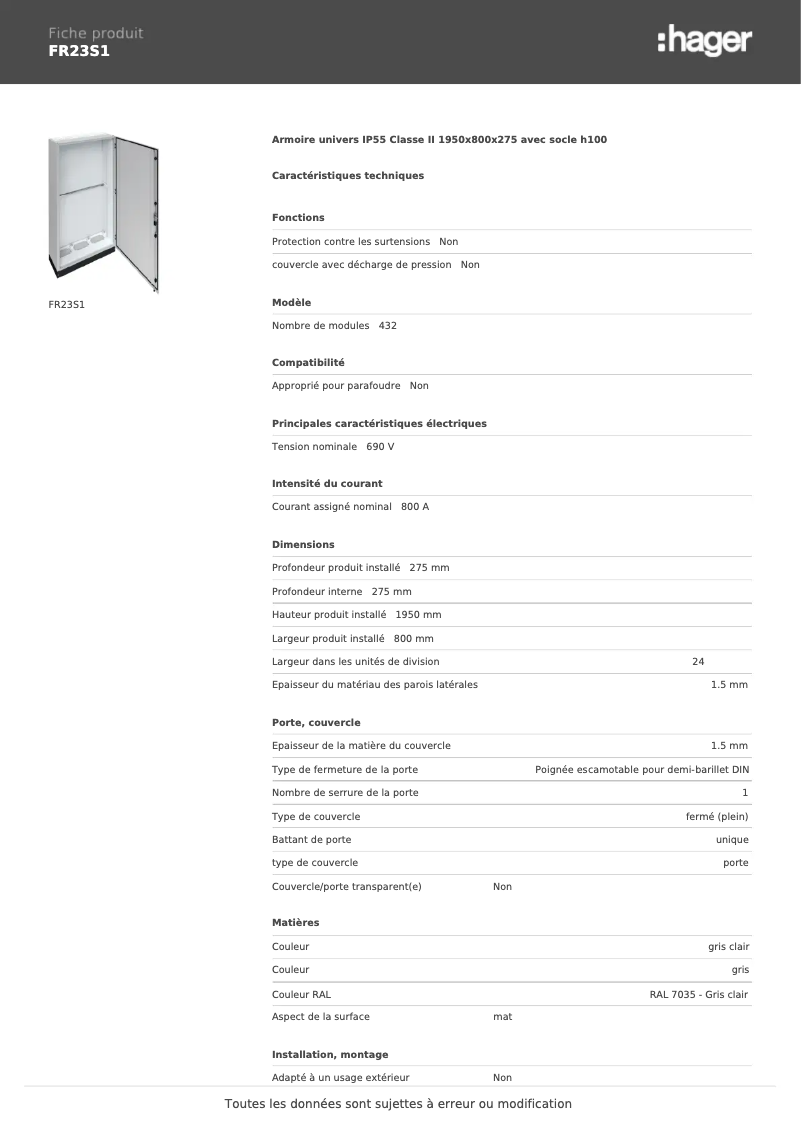 Page 1 de la notice Fiche technique Hager FR23S1
