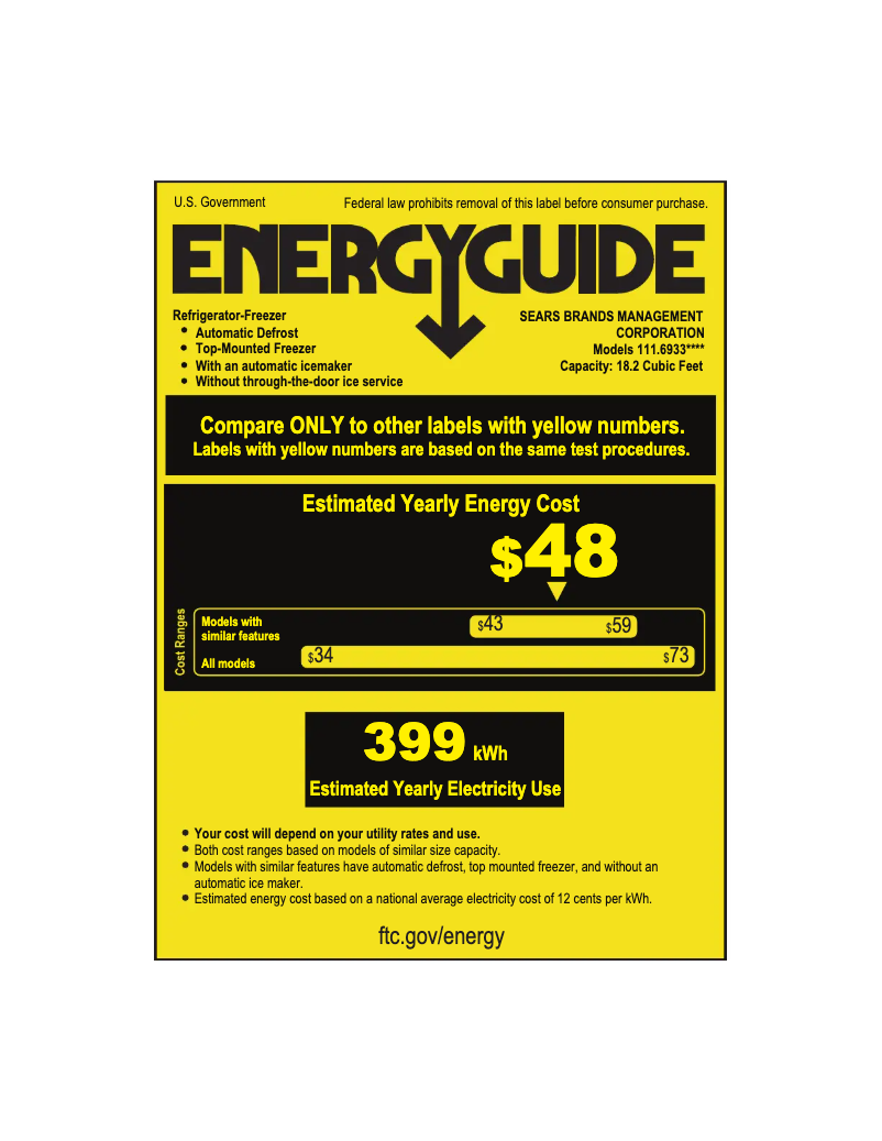 Page 1 de la notice Label énergétique Kenmore 69339