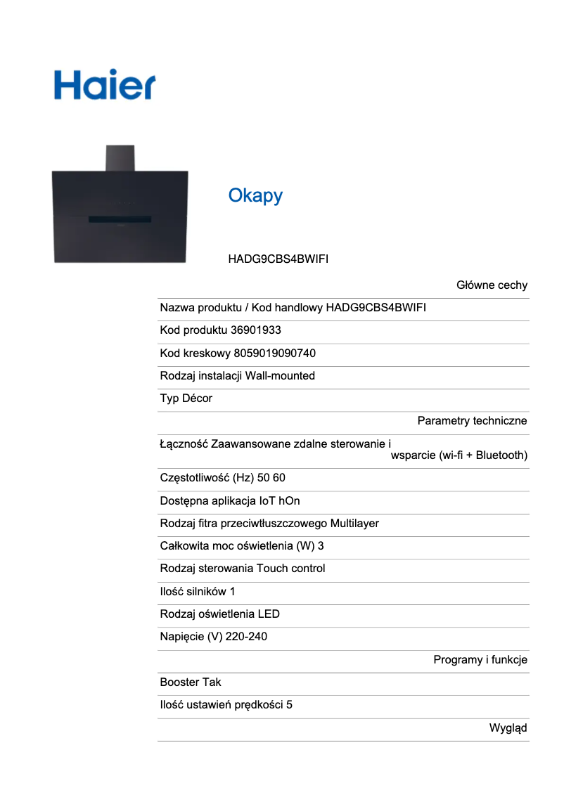 Page 1 de la notice Label énergétique Haier HADG9CBS4BWIFI