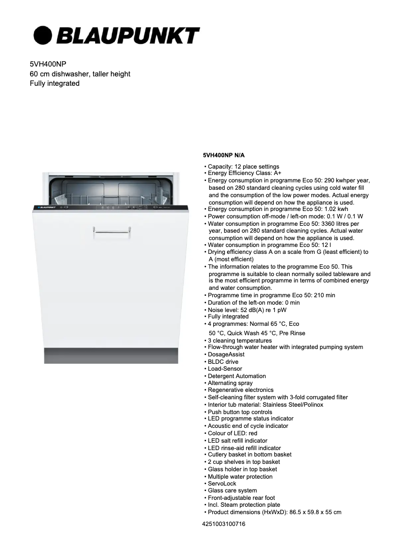 Page 1 de la notice Fiche technique Blaupunkt 5VH400NP