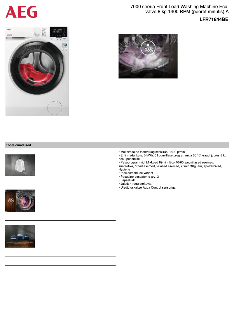 Page 1 de la notice Fiche technique AEG LFR71844BE