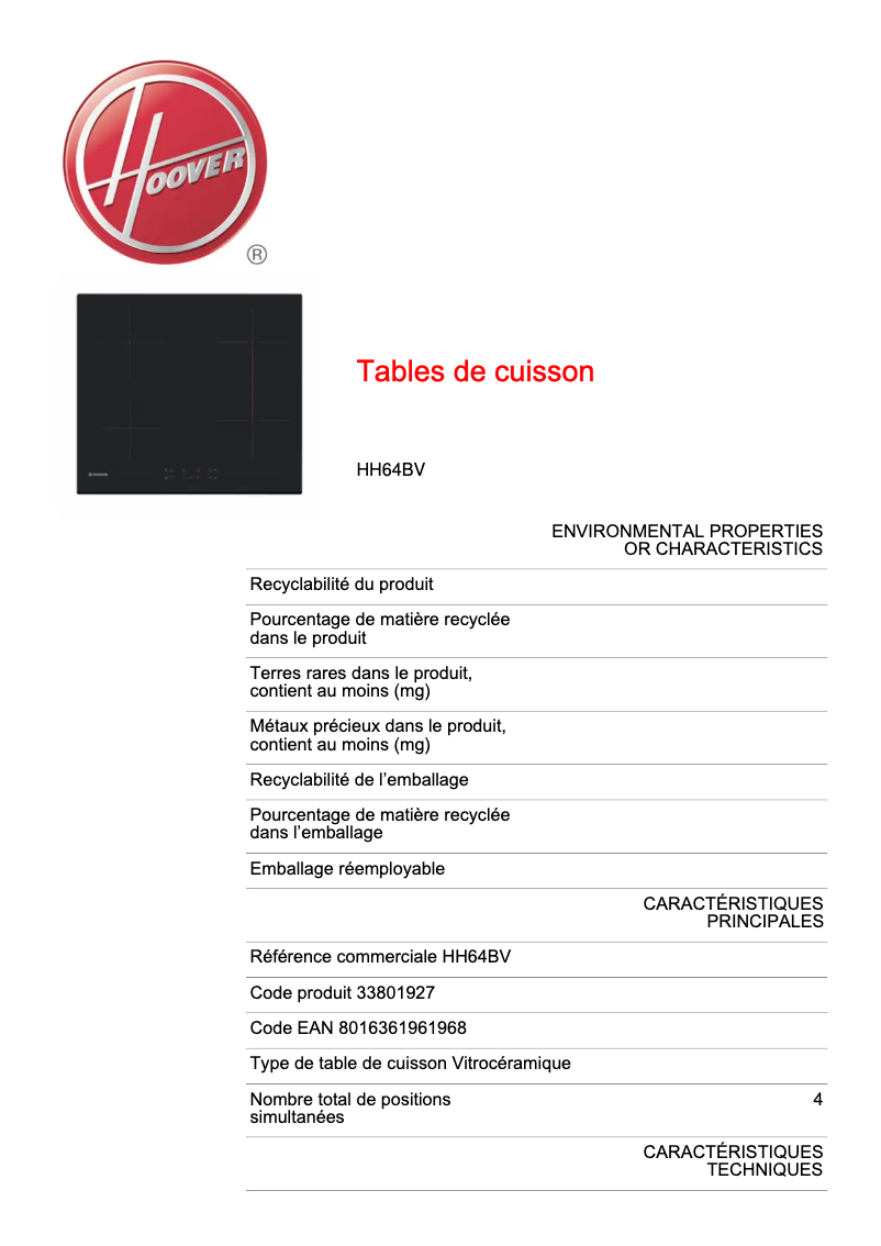 Página 1 del manual Ficha técnica Hoover H-HOB 300 HH64BV