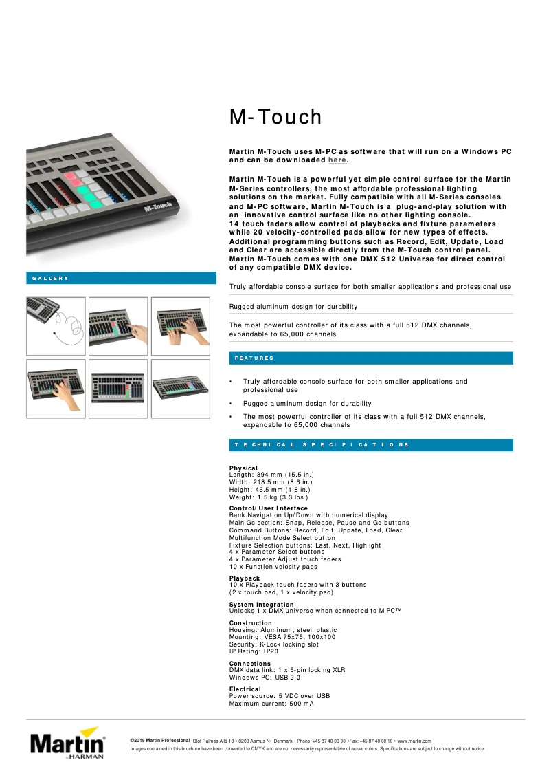 Page 1 de la notice Fiche technique Martin M-Touch