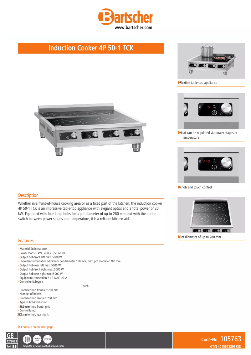 Página 1 del manual Ficha técnica Bartscher 4P 50-1 TCK