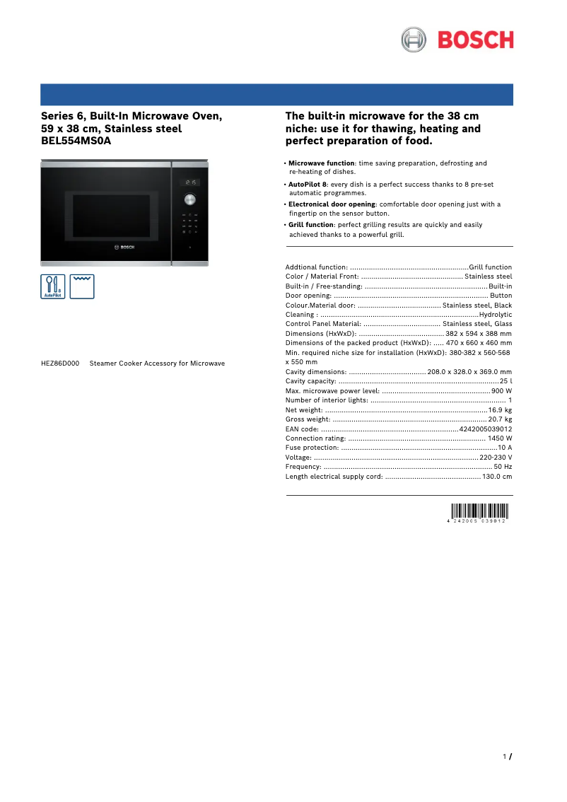 Page 1 of the manual Technical Sheet Bosch BEL554MS0A