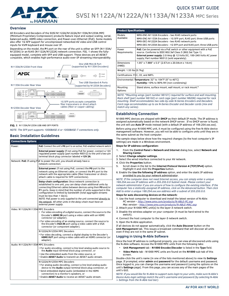 Page 1 de la notice Guide de démarrage rapide AMX NMX-DEC-N1222