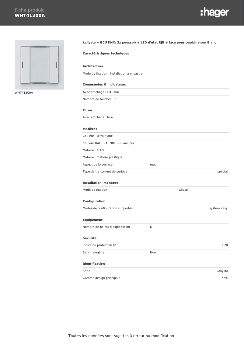Page 1 de la notice Fiche technique Hager WHT41200A