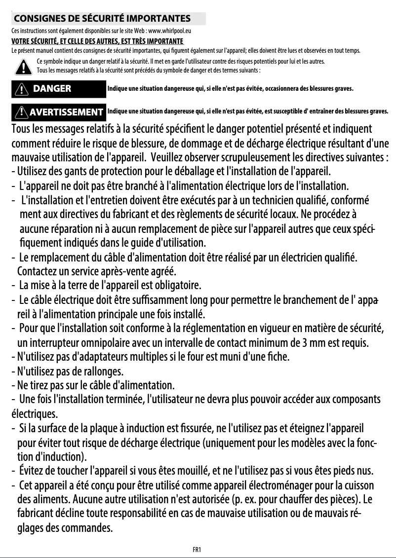 Page 1 de la notice Manuel utilisateur Whirlpool AKP 742