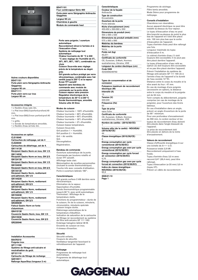 Page 1 de la notice Fiche technique Gaggenau BS471101