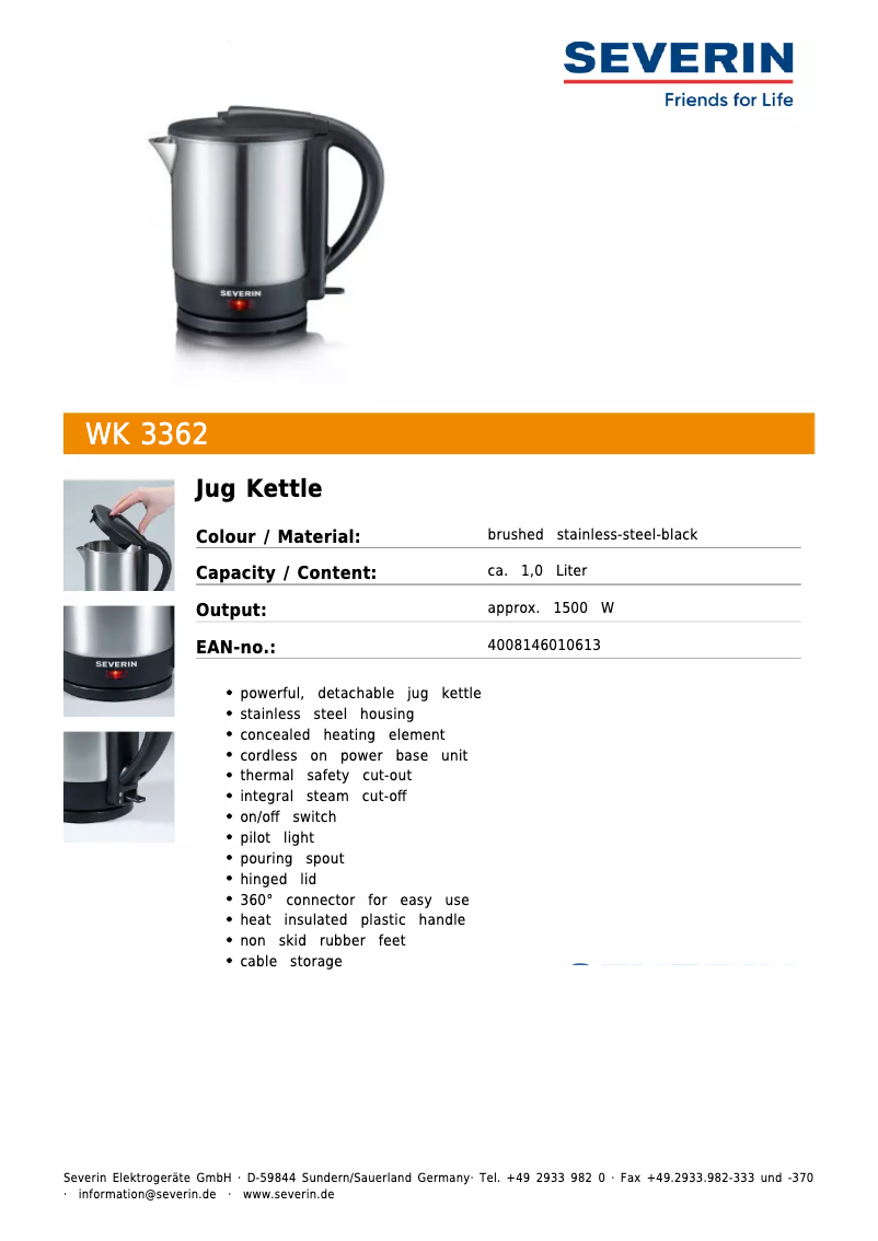 Page 1 de la notice Fiche technique Severin WK 3362