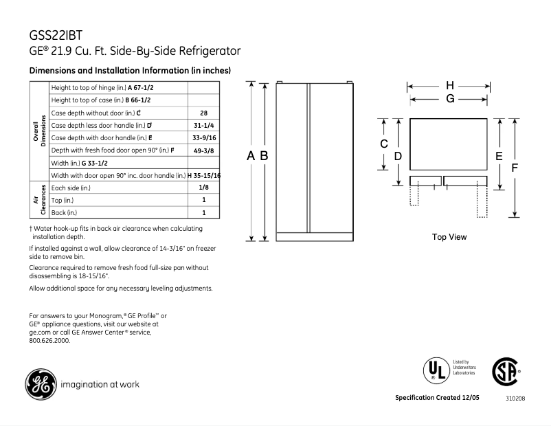 Page 1 of the manual Technical Sheet GE GSS22IBTCC