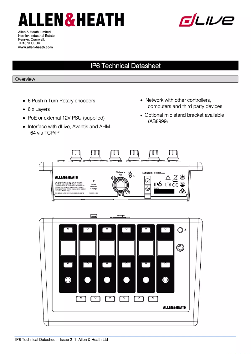 Page 1 de la notice Fiche technique Allen & Heath IP6