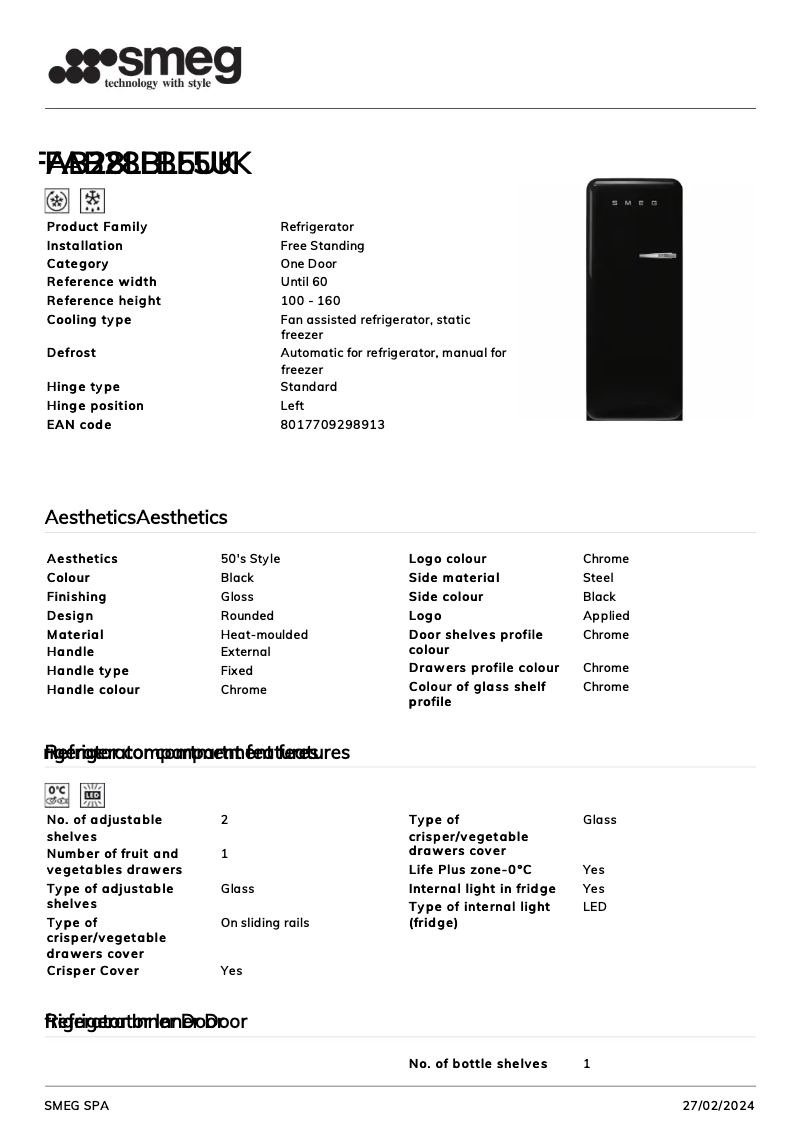 Page 1 de la notice Fiche technique Smeg FAB28LBL5UK