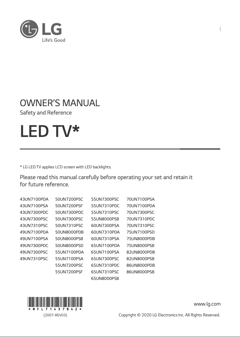 Page 1 of the manual User Manual LG 70UN7100PSA
