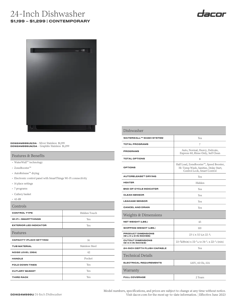 Page 1 de la notice Fiche technique Dacor DDW24M999US