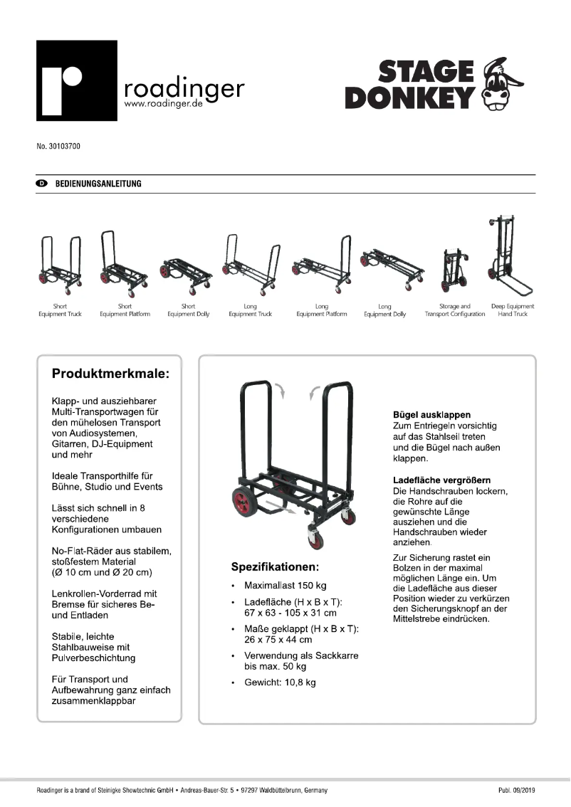Page 1 de la notice Manuel utilisateur Roadinger Stage Donkey