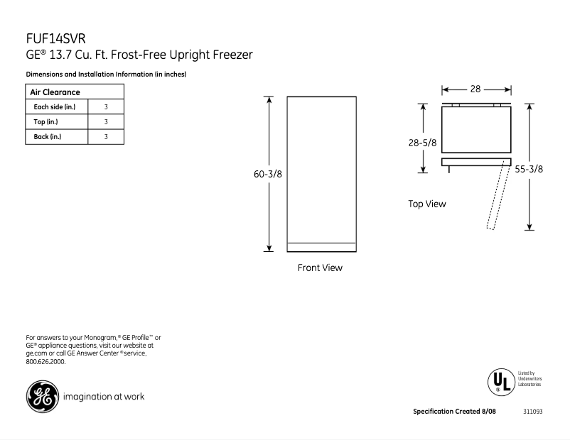 Page 1 de la notice Fiche technique GE FUF14SVRWW