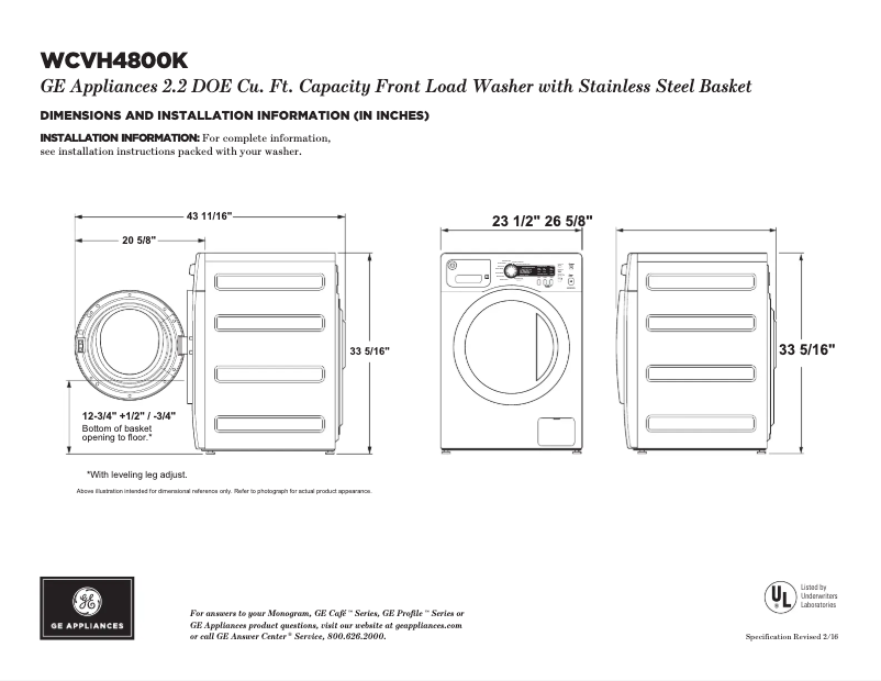 Page 1 of the manual Technical Sheet GE WCVH4800KWW