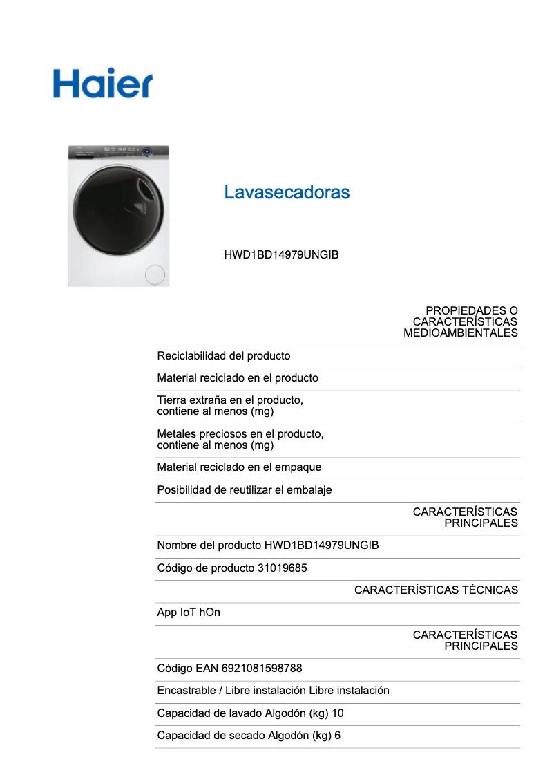 Página 1 del manual Etiqueta energética Haier HWD100-BD14979NU1