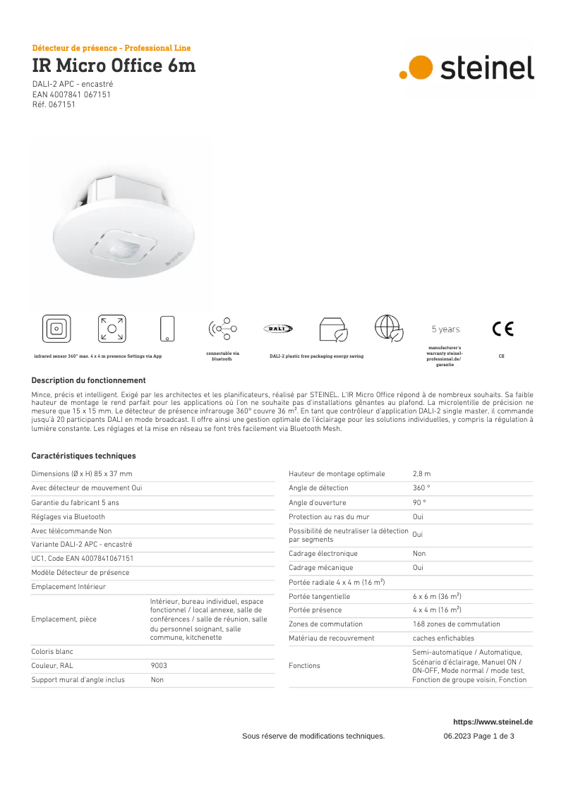 Page 1 de la notice Fiche technique Steinel IR Micro Office DALI-2